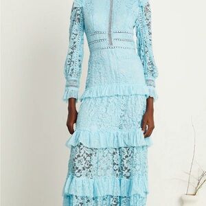 Blue Tiered Long Sleeve Gown with Bishop Sleeves